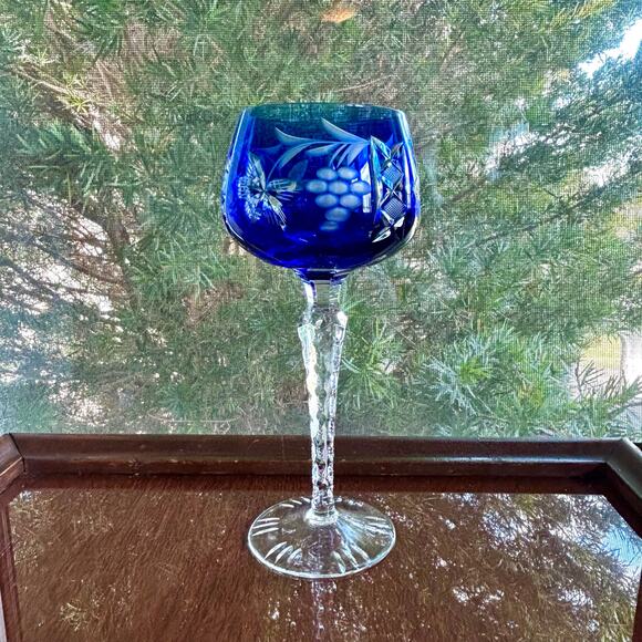 Vintage Bohemian / Czech Cobalt Blue Cut-to-Clear Crystal Wine Hock Goblet - Picture 2 of 11